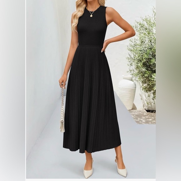 ZESICA Black Sleeveless Pleated Midi Dress | Ribbed Knit A-Line | Size L (12–14) - Picture 3 of 6